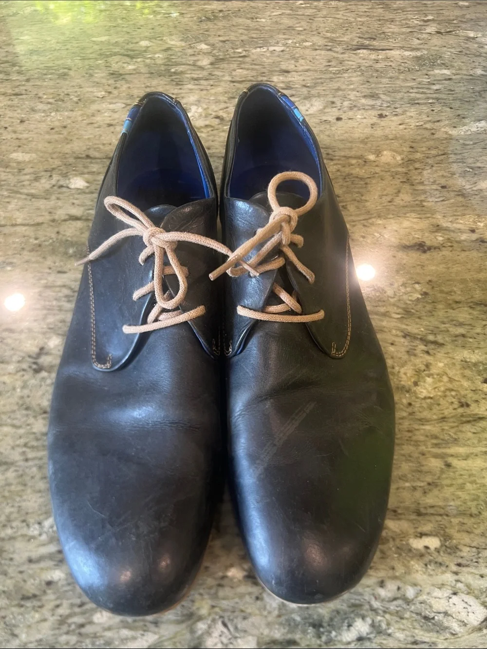 John Fluevog Radio CBC Men’s Classic Derby Shoes Black Blue Leather Size 12.5